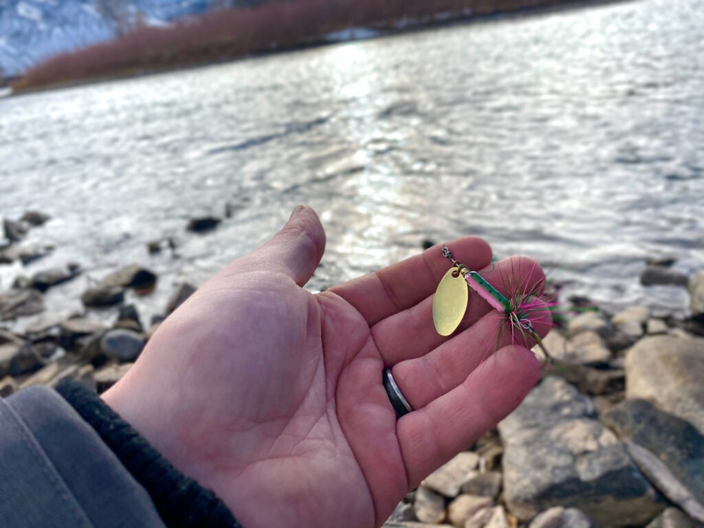 A rooster tail lure for trout fishing.