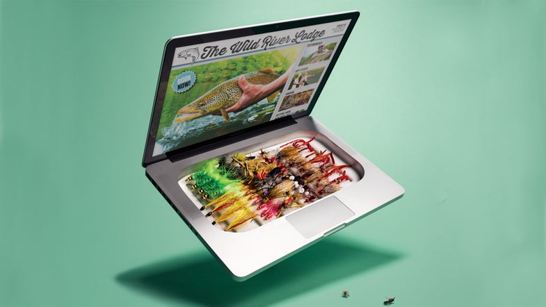 Photo illustration of a computer that looks like a fly box, with a fly guide service on screen and flies below