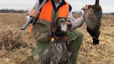 Phil Bourjaily kneeling next to hunting dog while holding a pheasant
