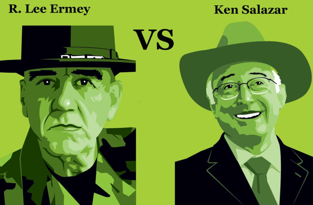 <strong>Ken Salazar</strong><br />
He's angered anti-hunters over wolves and other policies--which is a very good thing. vs.**** <strong>R. Lee Ermey</strong><br />
With Lock N' Load, he's officially the biggest "gun nut" on TV--honest, Gunny, a good thing. <strong>Winner</strong>: Salazar advances for targeting Interior funds to "bring young people into hunting and fishing."