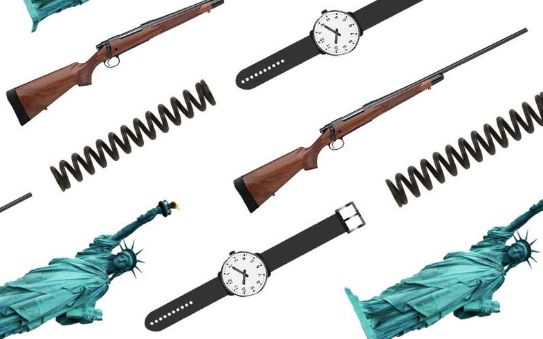 image collage of guns springs watches and statue of liberty