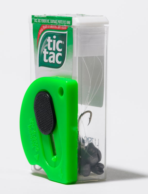An empty Tic Tac box makes a great miniature tackle box for baitfishing. First, I crazy-glued a small, circular-shaped box cutter (for cutting line) to the side of the con-tainer. Then I filled it with hooks, snap-swivels, and weights. Carry it in your pocket, or your glove compartment. _ -- Ray Koch, Bullard, Texas_
