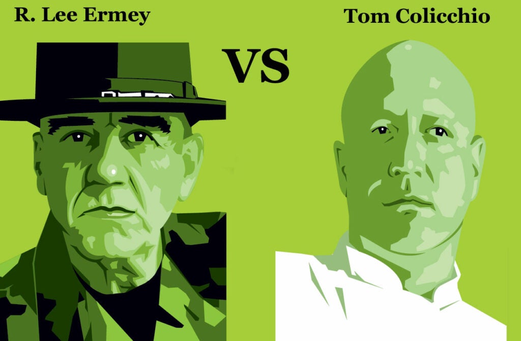 <strong>Tom Colicchio</strong><br />
He filmed an American Express ad supporting his local fly shop vs. <strong>R. Lee Ermey</strong><br />
Nobody on TV does a better job of shooting up melons or jugs of water. <strong>Winner</strong>: Ermey<br />
With Lock N' Load, he's officially the biggest "gun nut" on TV--honest, Gunny, a good thing.