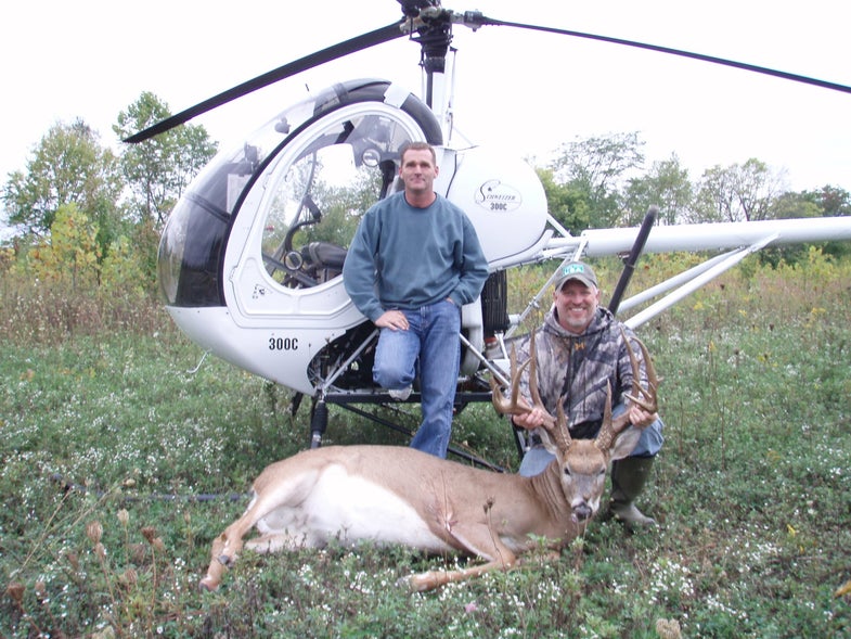 Another look at the video further convinced him the buck was dead: "My mark should have been bullet-proof at that distance," says Esker, who was shooting a Parker Tornado crossbow with a 3 x 32 Red Hot Illuminated Scope. "After looking at the video again and again I could see it was a great shot at only 20 yards." Esker, who flew in helicopters often during his service in the Ohio National Guard, hit upon the idea of renting a chopper. An online search turned up local pilot Steve Slater, and by 5:00 he'd landed his helicopter on Esker's land.