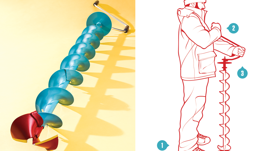 Illustration of a man drilling a hole with an ice auger next to a photograph of an ice auger.