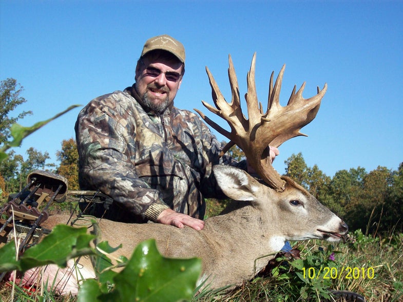 Taxidermist Scott Odenbrett called in this 28-point leviathan with a doe can after only five minutes on stand, and then arrowed the heavily palmated buck at four yards. A green score tallied 256 7/8 inches--not bad for a 150-pound "Missouri hill deer" with a 16-inch spread.