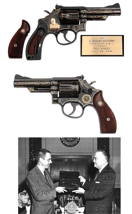 October 2011<br />
Lot 1168<br />
<strong>S&amp;W Model 19 Combat Magnum</strong><br />
Engraved by master Alvin White, this S&amp;W revolver was presented to FBI director J. Edgar Hoover by gun collector Bill Sweet in 1958. Engraving includes a gold inlay of Hoover on one side with red, white and blue ruby, diamond and safire bar underneath. The FBI seal is inlaid in gold and silver on other side. Copies of the original factory invoice and a photo of Sweet presenting the revolver to Hoover accompany the piece.<br />
<em>Estimate: $35,000-$55,000</em>