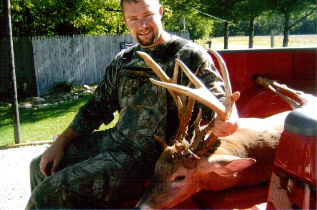 My son Nate shot this 15pt. nontypical buck,with a bow on opening day of the 2005 season, on our own land.