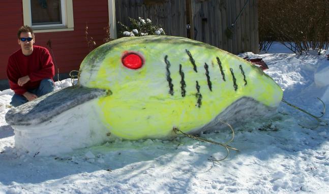 Every year I build a snow sculpture in my front yard. This year I made a giant lure because I love Bass fishing and I'm ready for fishing season- I've got the itch and there is still about four months until it gets warm enough to fish.