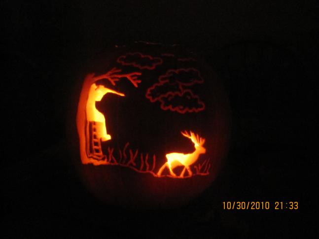 There is so much excitement that overwhelms a hunter when a buck crosses their line of fire. I wanted to capture that moment in my pumpkin carving. I used a little creativity this is what I came up with.
