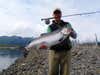 My son and myself went on a Fly Fishing trip to Alaska on the Kenai Penninsula last August and he caught this 22 lb, 30 in silver salmon on the fly pole he has in his teeth. The locals called it the Bay of Pigs. It took him over 45 minutes to land it.