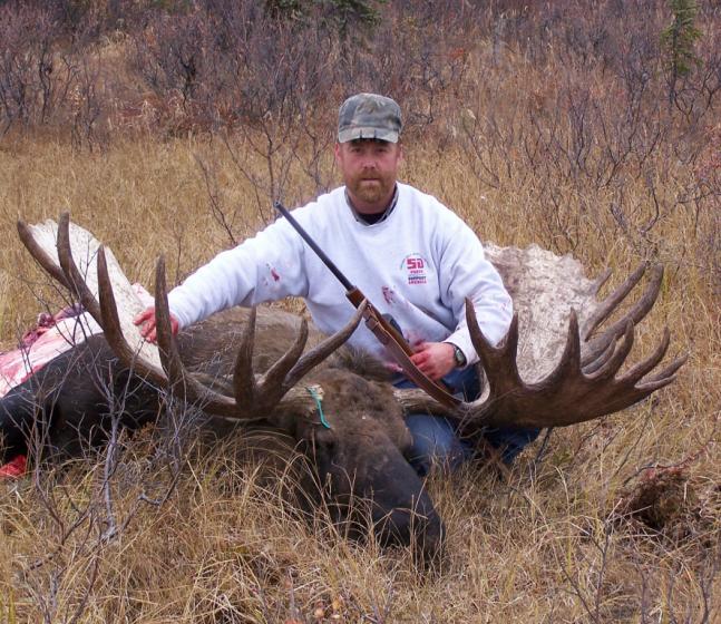 While on a hunting trip in Alaska my husband, Charles Buckel, shot his first moose. It weighed 1600 pounds with a spread of 64 14 inches. His brother Paul, who resides in Alaska spotted for him as in some spots the bruch was taller than they were. This was the first time my husband ever went to Alaska or moose hunting. Not a bad trophy for a first time.