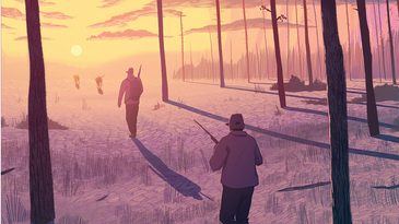Illustration of two quail hunters following dogs into the sunset.