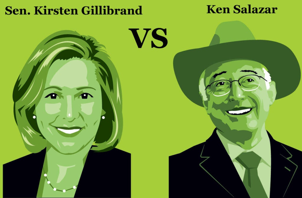 <strong>Ken Salazar</strong><br />
The Secretary of the Interior supported wolf delisting because it was the right decision, "based on the science." vs. <strong>Sen. Kirsten Gillibrand</strong><br />
The first gun-owning, NRA-supported senator from New York in living memory. <strong>Winner</strong>: Salazar<br />
Recognizes the need for energy development, but in the right places.