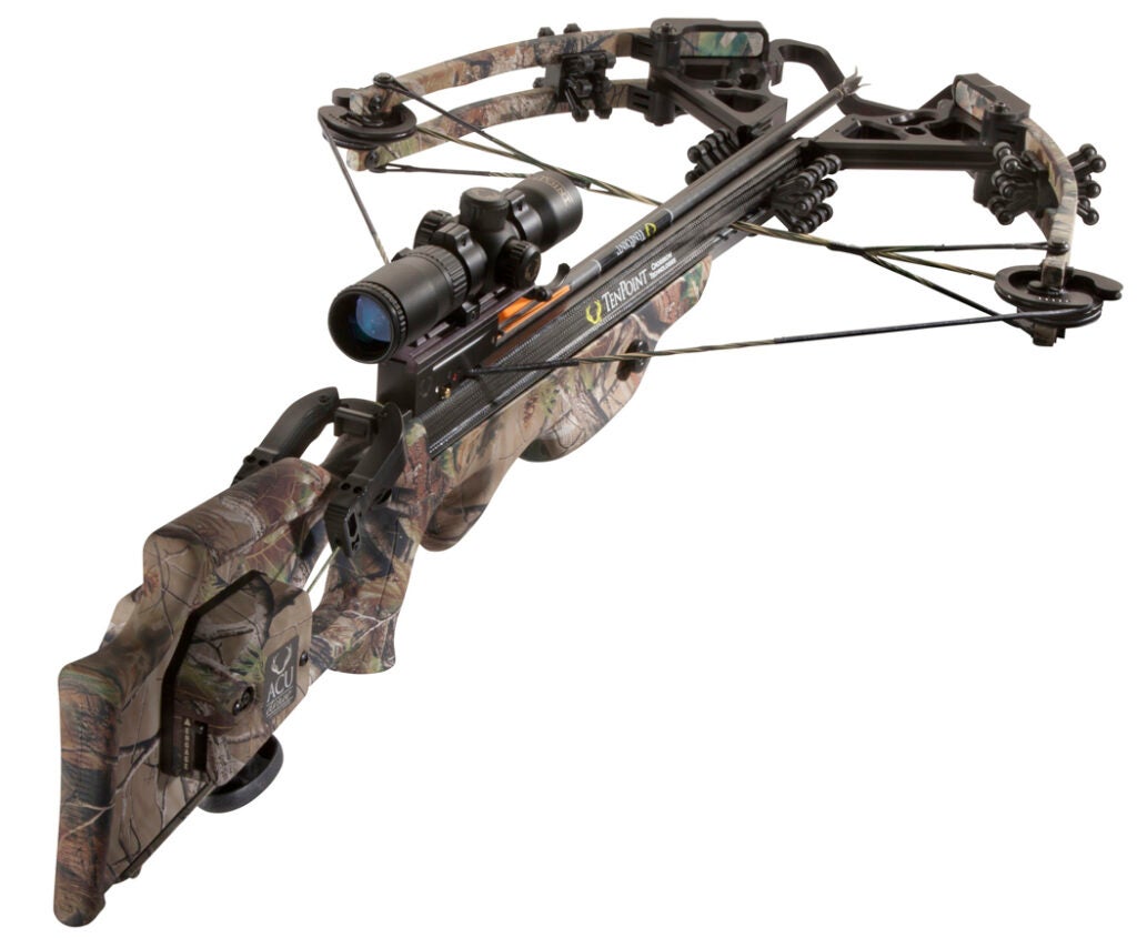 Great companies never stop innovating, and TenPoint's Carbon Fusion CLS is proof. The venerable Ohio maker brought its A game to bear on this crossbow. The wow factor started with the frame, which at 381⁄2 inches shouldn't weigh only 7.3 pounds but does, thanks to a woven--carbon--fiber barrel. The Acudraw draw--assist mechanism (which cranks the string back to load the bow) was easy to understand and whisper quiet. Other standout new features were the dual--safety system and user--friendly GripGuard shield that prevents fingers from creeping up on the rail. Price is for a package that includes a scope, a monopod, six bolts, a four-arrow quiver, and an airline-approved case. --S.B.<br />
**<br />
Manufacturer:** TenPoint (tenpointcrossbows.com)<br />
<strong>Price:</strong> $1,999