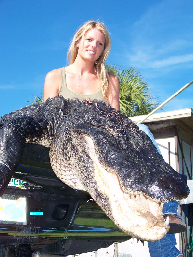 After sitting out last year's gator season because she was pregnant, 23-year-old Arianne Prevost made the most of her 2009 hunt, tagging an 11-footer with a crossbow Tuesday, September 8 in Florida's St. Johns River. It was the first ever gator hunt for the Satellite Beach mother. Prevost was hunting with her boyfriend, Robert Rohmann, of Indian Harbour Beach, and Capt. Peter Deeks, of Merritt Island, both of Native Sons Outfitters, when they spotted the big gator around 9 p.m. in shallow marshland between Lake Washington and Lake Winder. "We'd been watching two big gators that dove underwater, and we were about to give up when we saw two red eyes about 35 yards away," Prevost said.