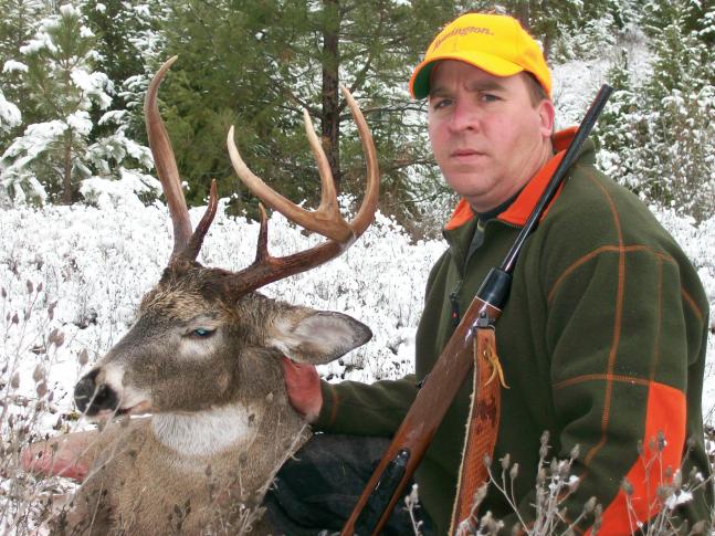 Nov 14th, 2009, 8:00am, +300yds, 300ft in elevation, 30.06, 165gr bullet = 2x4 nicknamed "Woody" Bullet entered right behind the right shoulder and exited through his chest. Buck ran~30 yards. I thought it was going to be a pretty decent 4x4 until I got his head pulled out of the log and snow he plowed into, and was pleased to see the perfect bull horn on the right side.