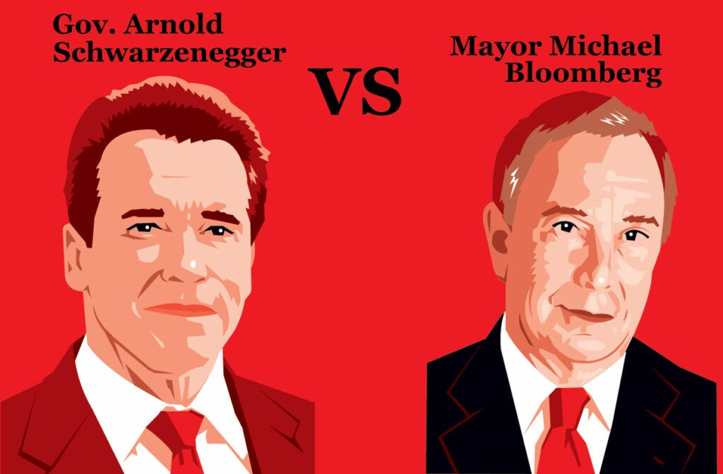 <strong>Gov. Arnold Schwarzenegger</strong><br />
He wanted to "borrow" $30 million from hunting and fishing license fees to dump into California's general fund. vs. <strong>Mayor Michael Bloomberg</strong><br />
He is going after a Brooklyn man for owning a flintlock rifle without a license, which the firearm does not require. <strong>Winner</strong>: Bloomberg<br />
Hizzoner fought the transporting of firearms in checked bags on Amtrak.