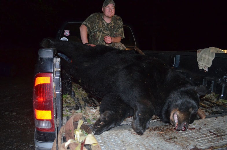 A 28-year-old Iraq War vet set a state record on his first ever bear hunt--with the first bear that walked by. U.S. Army Capt. Matt Knox, a North Carolina native stationed at Fort Meade, Maryland, made good on a promise to his guides, Steve Monroe and Jim Webber of <a href="http://www.grandslamguideservice.com/">Grand Slam Guide Service</a>. "I told them I was going to shoot the first bear I saw, as long as it wasn't a cub or a sow with cubs," Knox said after downing the 699-pound black bear near Greenville, Maine, on Sept. 7. "Fortunately, this was the first bear I saw." The big bruin topped the old record by 19 pounds, almost 19 years to the day after it was set.