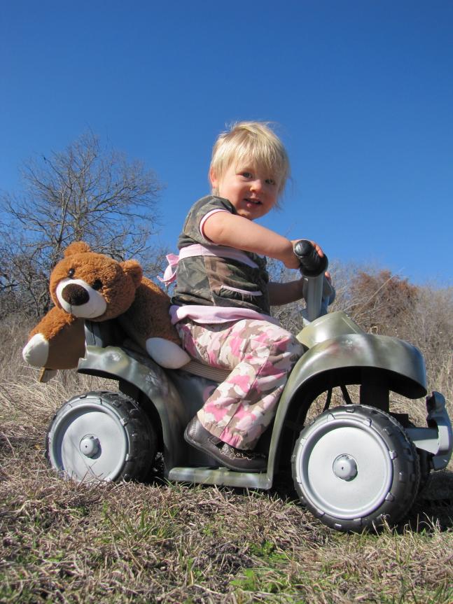 This all-electric ATV came to us as a discarded Lightning McQueen Power-Wheels and now has a new life as my daughter’s go-to heavy hauler. With a sophisticated one-wheel drive system and a 6-volt battery she is easily hauling this large bear out of the woods to end another successful day.