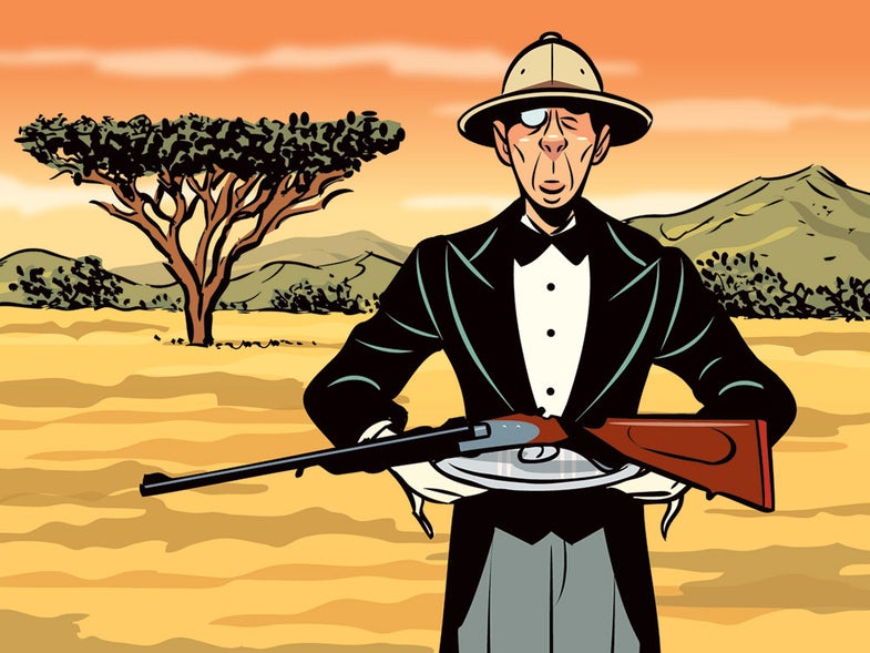 illustration of butler holding rifle on safari