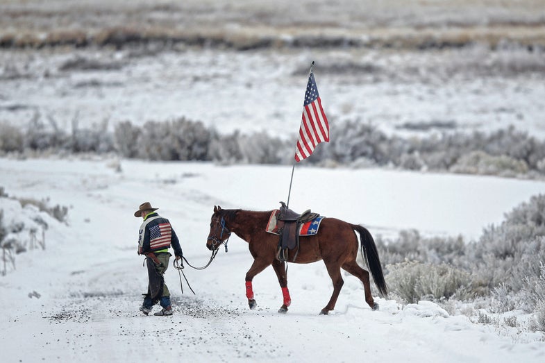 Occupier: Duane Ehmer, a member of the group that took over the headquarters of Malheur NWR earlier this year, walks his horse, Hellboy.