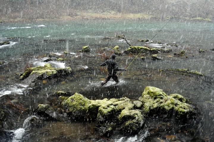 Dan Dietrich of Denver, Colo., got caught in an unexpected snowstorm while flyfishing the North Umpqua River last March. Photographer Mike Greener says he, Dietrich, and friend Ryan Peterson were "on an extended weekend mission in search of chrome" in the 31-mile, flyfishing-only stretch of river when the temperature plummeted. "The sky opened up and started dumping fat, huge flakes," says Dietrich, who was dressed for milder weather, "and I was debating if I should wait for a break or fish. It just looked too juicy to wait it out." A Paul Miller's Predator fly drew some hits throughout the 20-minute storm but no hookups.<br />
<strong>Location:</strong> Roseburg, Oregon<br />
<strong>Issue:</strong> April, 2010<br />
<em>Photo by Mike Greener</em>