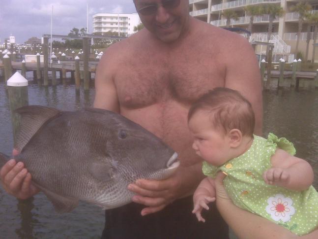 This is Avery. My 3 1/2 month old angel of a God Child. Her gdaddy (that would be grandpa) just got back from fishing. He landed several large triggerfish such as this one. This little girl has a long legacy of fishing and hunting. Looks like she is up for the challenge. I think she may be staring it down.