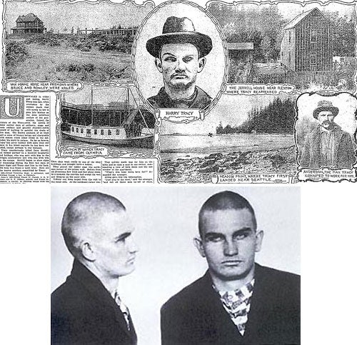 <strong>Number Five: The Harry Tracy Pursuit</strong>_<br />
(June 9-August 6, 1902, ending at Creston, WA.)_<br />
This was two-month running gun battle, matching Harry Tracy (actually name Stevens) against most of the law officers in Oregon and Washington. June 9, 1902, Tracy escaped from Oregon State Penitentiary, killing three corrections officers and three civilians in the process. Subject to a massive manhunt, Tracy evaded the dragnet for a month and then set up an ambush near Bothell, WA, where he killed two more lawmen. Tracy ran, took hostages, and got into a third shootout in which he killed two more posse members. On August 6, he was cornered and shot in the leg near Creston, WA, and took his own life rather than be captured. Unlike most desperados, Tracy's preferred tool was a .30/30 lever-action. He may have had something else going for him. A late friend of mine, a Western historian, believed that Tracy was crazy as a s***house rat and, under stress, when a normal person would have made a fatal mistake, he simply enjoyed the situation and instinctively did the right thing_._ <em>Picture: a clipping from a newspaper article about the pursuit, as well as a mugshot of unknown origin.</em>
