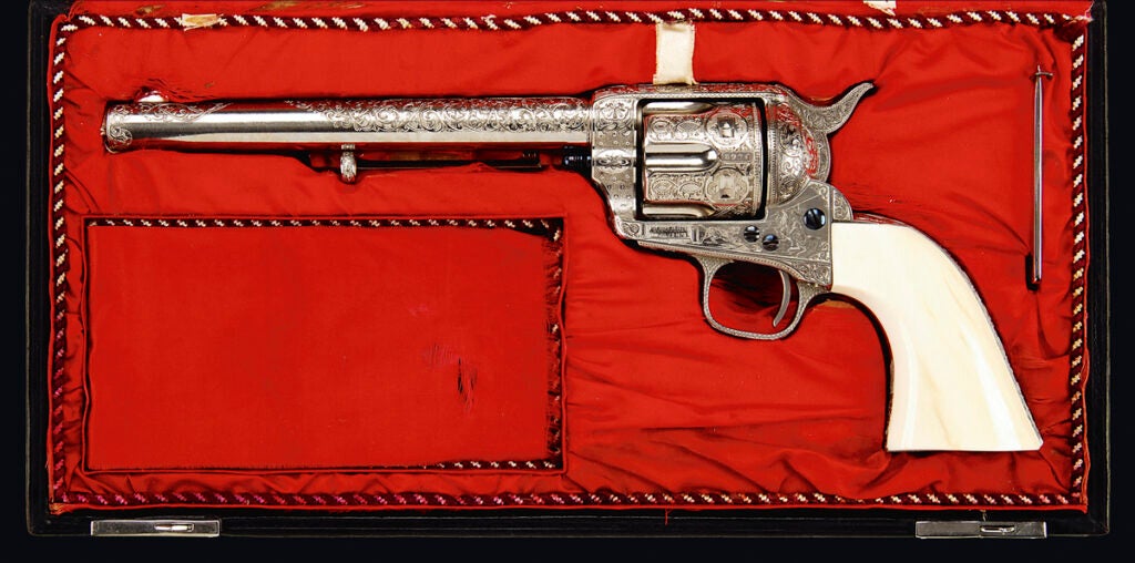 October 2009<br />
Lot 2151<br />
<strong>Colt Single Action Army</strong><br />
This gun was specially engraved for the 1876 Centennial Exhibition and is the earliest known factory engraved SAA revolver.<br />
<em>Est: $250-450,000<br />
SOLD, October 2009: $345,000</em>