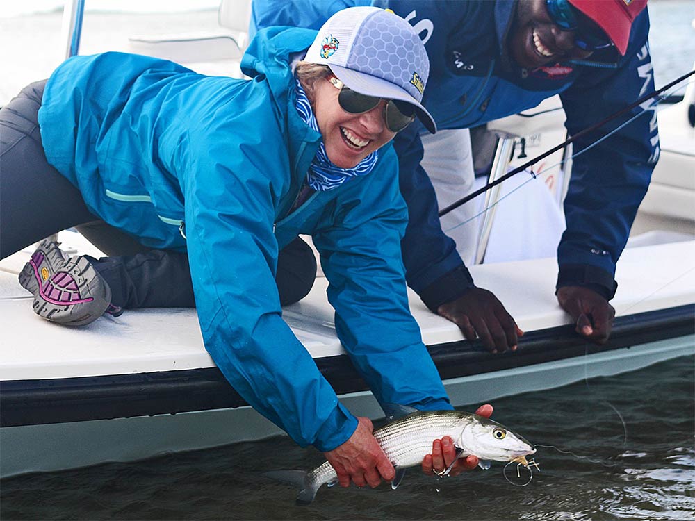 releasing bonefish Abaco Island Bahamas