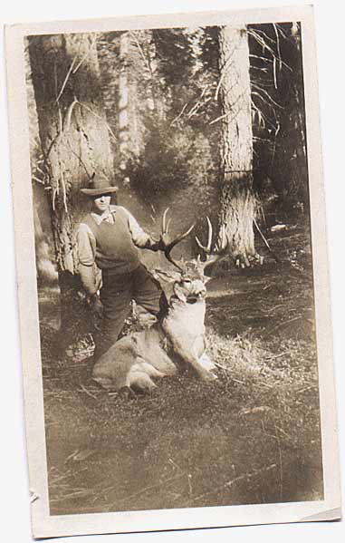 October 1925<br />
"This fellow was killed by M.H. Palmer, October 18, 1925. The largest black tail deer ever killed in these parts. Seven points one side and six the other not counting eye guards. Weighing dressed 210 lbs!"