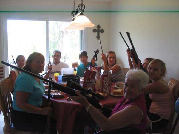 We were all sitting around eating lunch with Grand Ma Rosie, and giving thanks for our right to bear arms!