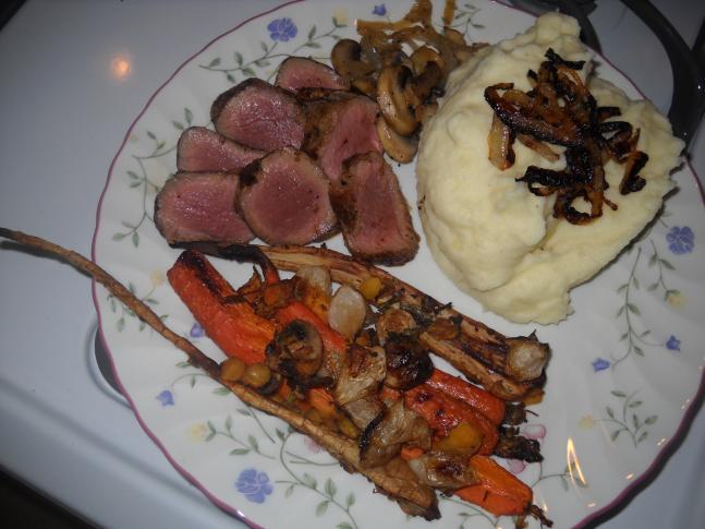 One of the many delicious meals i often speak of. Seared venison loin, mashed potatoes, roasted veggies, sauteed mushrooms and onions. Paired with a glass of red. Yeah, i know,...we should open a resturaunt.