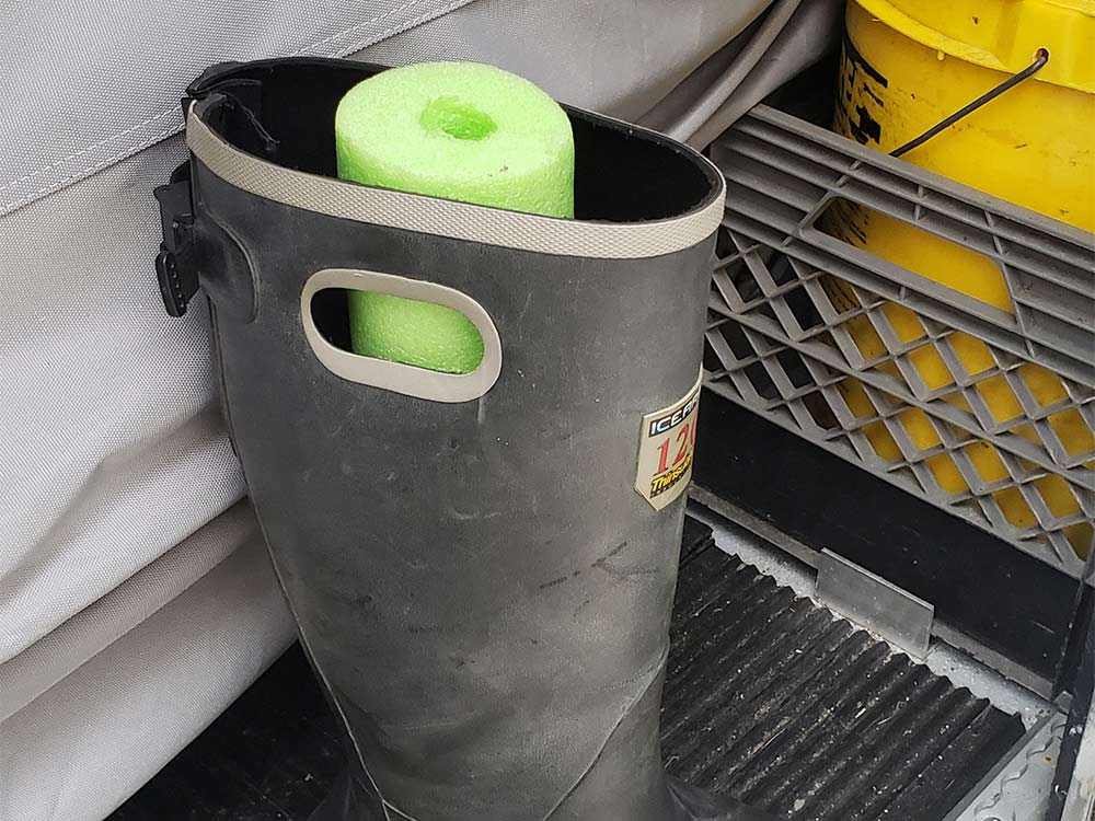 pool noodle in a wading boot