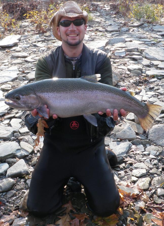 Another beautiful steelhead! This time on a black bugger! I fought it for 20 minutes and fell in trying to keep the fish from breaking down into another set of rapids. Good thing it was nice weather!