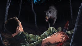 an illustration of a black bear coming to attack a hunter