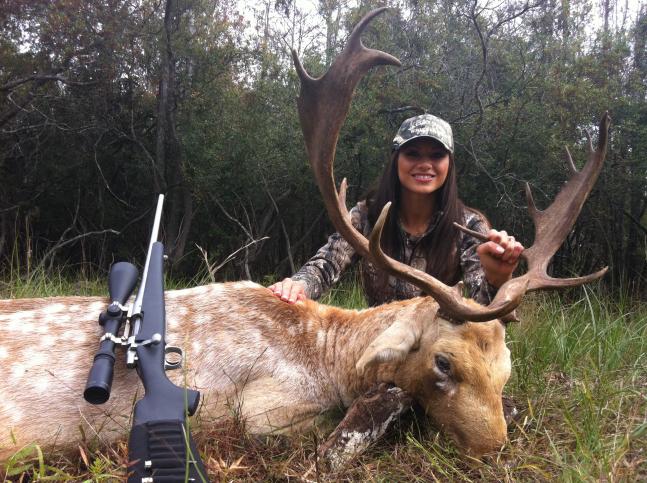 My name is Janet and i am 23 yr old model, with a passion for outdoors! I finally had been able to go on a hunt for my first Fallow deer. After many photos taken, i sent some to my friends and family, which needless to say all the guys thought I was just taking a picture with the animal. Ha! Sorry dudes, I shot this all by myself! :) Well the picture says it all!