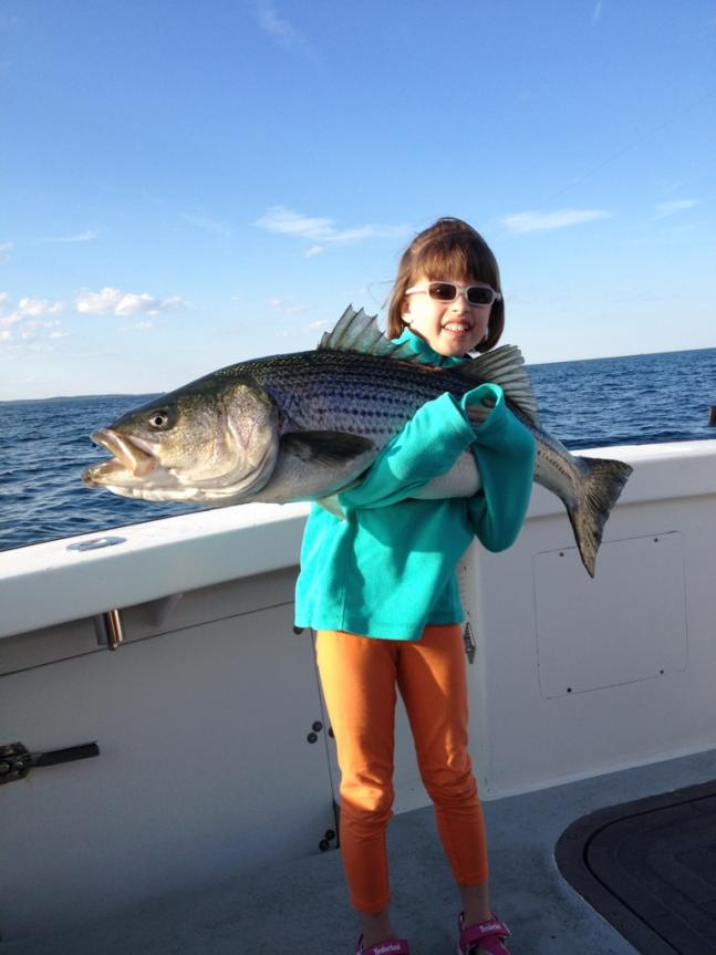This past weekend my duaghter went on her first Striper fishing trip with me. We hooked into this giant and even though I landed the fish she stuck out her arms and said, "Daddy, put the fish in my arms! I want to hold him." The fish was as big as she was but that didn't stop her. I was one proud Dad!