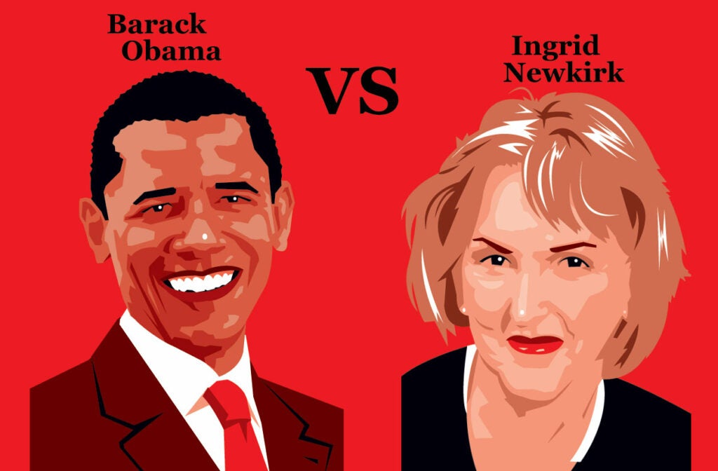 <strong>Ingrid Newkirk</strong><br />
The PETA president urged the governor of Pennsylvania to push for legislation that prohibits kids from hunting. vs. <strong>Barack Obama</strong><br />
For appointing such a big bunch of anti-gun and anti-hunting "czars" to various positions of influence in his administration. <strong>Winner</strong>: Newkirk<br />
This year, PETA started a campaign to rebrand fish as "sea kittens."