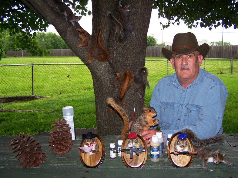 Divide the word "taxidermy" in two and you'll find its origins: "taxi" (to move), and "dermy", or dermis (skin). Moving deer and fish skin is what Mitchell, Illinois, taxidermist Rick Nadeau has been doing for 3-plus decades. However, Nadeau's got a new forte: He's not only stuffing squirrels lifelike to a fault, but mounting them in peculiar positions while donning apparel from hand-stitched clothing to beer bottle Koozies. Most sport miniature accessories. That includes mini ARs and AK-47s. Some even have little cigarettes clamped in their jaws. After all, nothing's better than one of the most amiable creatures on Earth well-armed and puffing on tobacco products - right? You could call it the art of juxtaposition…if you want to. Nadeau began carving his niche six years ago when he was out of work and traditional taxidermy jobs were in short supply. Since then, "Rick's Custom Squirrels" (www.thesquirrelshole.com) has been shipping squirrels to order all over the globe, as well keeping a stock on hand for the holidays.
