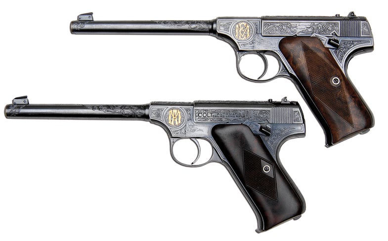 <strong><a href="http://jamesdjulia.com/firearms.asp">James D. Julia Auctions</a></strong> has made tiny <strong>Fairfield, Maine</strong>, a destination for gun fanciers. Julia's spring and fall auctions offer pieces that are among the highest works of the gun maker's art, are steeped in history, are exceedingly rare, and sometimes all three combined. Guns from Kentucky rifles to M16s, owned by the famous and the infamous alike sell at Julia's. Says Julia's Wes Dillon: "You never know what gun is going to come through the door." Voumes 1 & 2 of the fall auction catalog contain an overwhelming 700 pages of guns and related items, such as Douglas MacArthur's gun case. Here is a preview of the fall 2011 auction that runs October 4-5 as well as a look back at some guns from past Julia auctions. <em>Pictured Here:</em><br />
October 2011<br />
Lot 1179<br /><strong>Pair of engraved pre-World War II Colt Woodsman pistols.</strong><br />
One of these guns was made in 1917 and engraved with the initials "EM" by Colt master William Gough. Six years later the same customer ordered a second gun and had it engraved with "AM," probably for his son. Pre-War Woodsman pistols are very rare and these two show little to no use at all.<br /><em>Estimate: $60-90,000 for the pair.</em>
