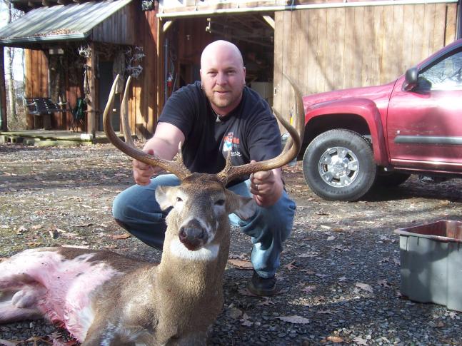 Was lucky enough to get this piebald buck on opening morning of rifle season in Bedford County, VA. He is a typical 8 pointer, 22" wide outside, 20" wide inside and weighed in around 180 pounds. Was killed with a Savage 25-06 at 228 yards. We caught this guy on our trailcams several times over the last couple months.