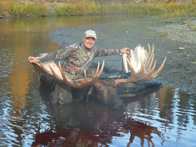 My friend and I went on a ten day unguided float trip north of Fairbanks in September. On the fifth day of the trip we had stopped and called for an extended period of time where there was good moose sign. After getting no response we continued floating and went around a bend about 100 yards downstream and this magnificent bull presented me with an 80 yard shot.