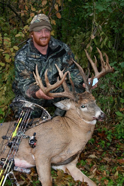 Scott O'Konek may have rewritten the Minnesota record books when he tagged this 32-point buck around 9 a.m. on Oct. 15, the first day of Camp Ripley's annual two-day archery hunt. Bolstered by good mass and long brow tines, the big deer's green score--conservatively measured at 228 nontypical--would be more than enough to dethrone the current state-record archery buck, a 222 5/8 nontypical taken in 1992 by Gary Martin a 226 3/8 nontypical taken in 2008 by Ben Spanjers. O'Konek's deer weighed 192 lbs. field dressed, and the highly symmetrical rack netted 183 7/8 typical.