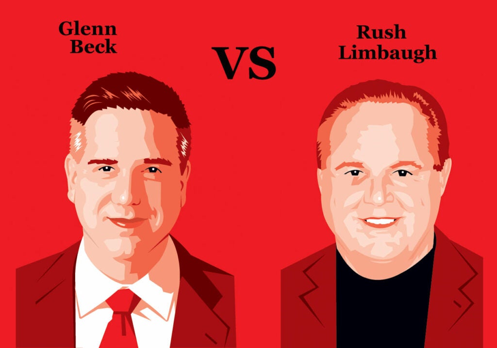 <strong>Rush Limbaugh</strong><br />
El Rushbo did two public-service announcements in support of the virulently anti-hunting Humane Society. vs. <strong>Glenn Beck</strong><br />
On his "comedy" tour, he dressed as a Founding Father and got the crowd to boo Teddy Roosevelt for being a "Progressive." <strong>Winner</strong>: Limbaugh<br />
He praised the HSUS as an "ally" of law enforcement in "the animal realm."