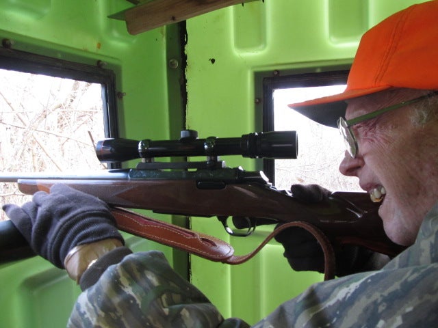 Loren Lyons of Oskaloosa,KS qualifies a THE Game Face for F &amp; S. How many 98 yr old hunters were out in January 2012 trying to punch a doe tag? Pic is of Loren in the deer blind this January with his Browning A-Bolt Medallion in 243 Win. waiting for a shot.
