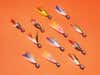 fly lures on an orange background
