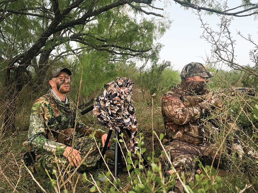 two hunters calling turkeys in heavy foliage