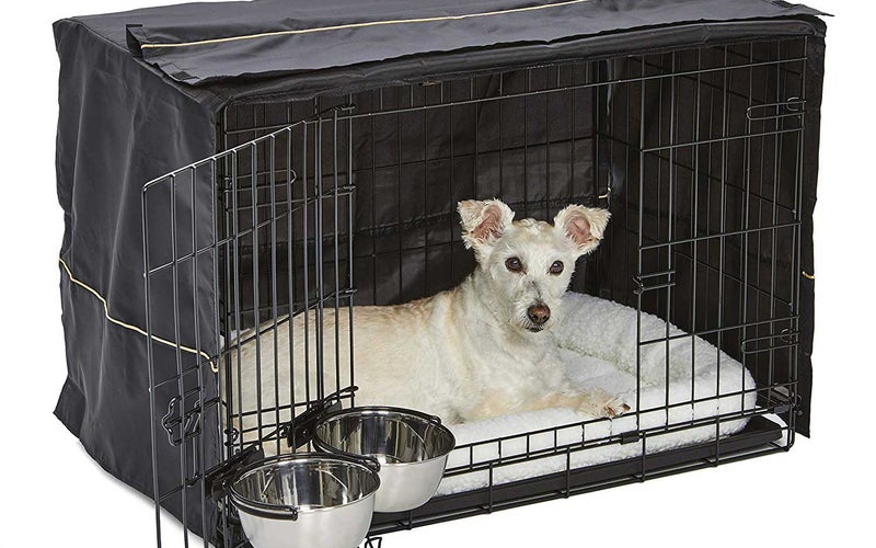 dog in a covered dog crate